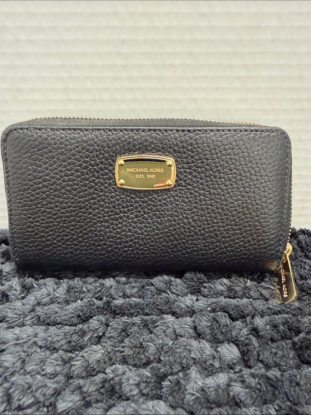 Michael Kors Black Pebbled Leather Zip Wallet with Gold Hardware